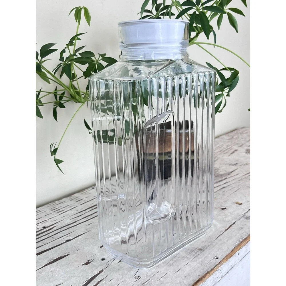 Vintage ARC France Glass Ribbed Juice Pitcher W/ Rubber Lid 10.5” Retro Kitchen